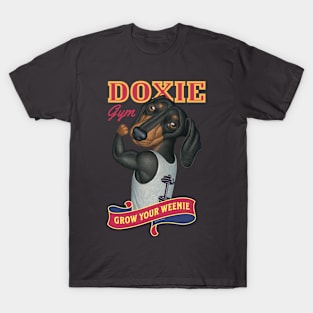 Dachshund going to Doxie Gym to grow your weenie with red trim T-Shirt